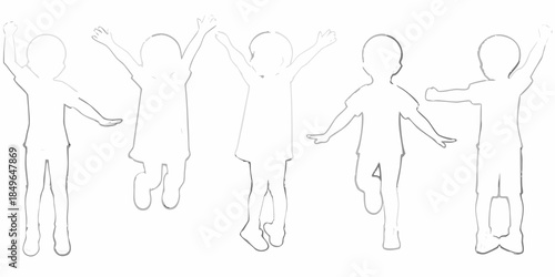 A group of children with arms raised depicted in a simple line drawing style