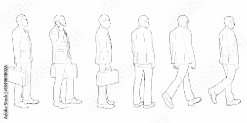 A series of sketched figures depicting a businessman at various walking poses