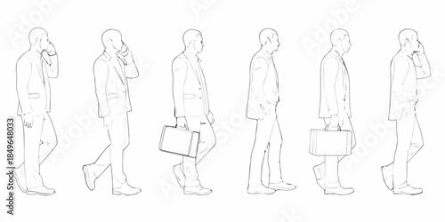 A series of linear drawings depicting men in suits walking and talking