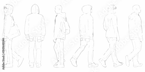 Line art illustration of a person in various poses showing different views