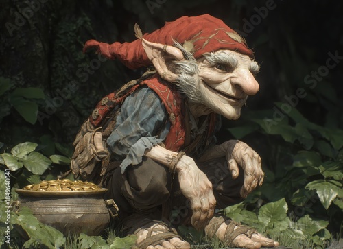 leprechaun with gold in a pot, St. Patrick's Day, green holiday, quatrefoil, clover, Irish annual holiday, color green. Irish tradition and celebration concept. High quality