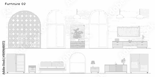 Detailed architectural rendering showcasing furniture and wall decor in a modern space