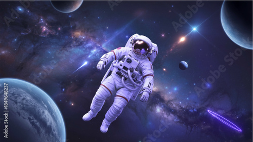 Astronaut floating in space surrounded by planets stars and galaxies in a white spacesuit