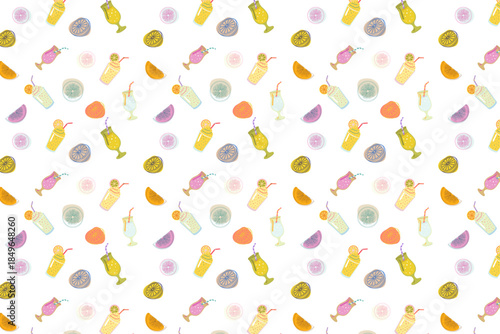 Cute seamless pattern with hand-drawn colorful cocktails, refreshing summer drinks, and fruit slices on a white background.