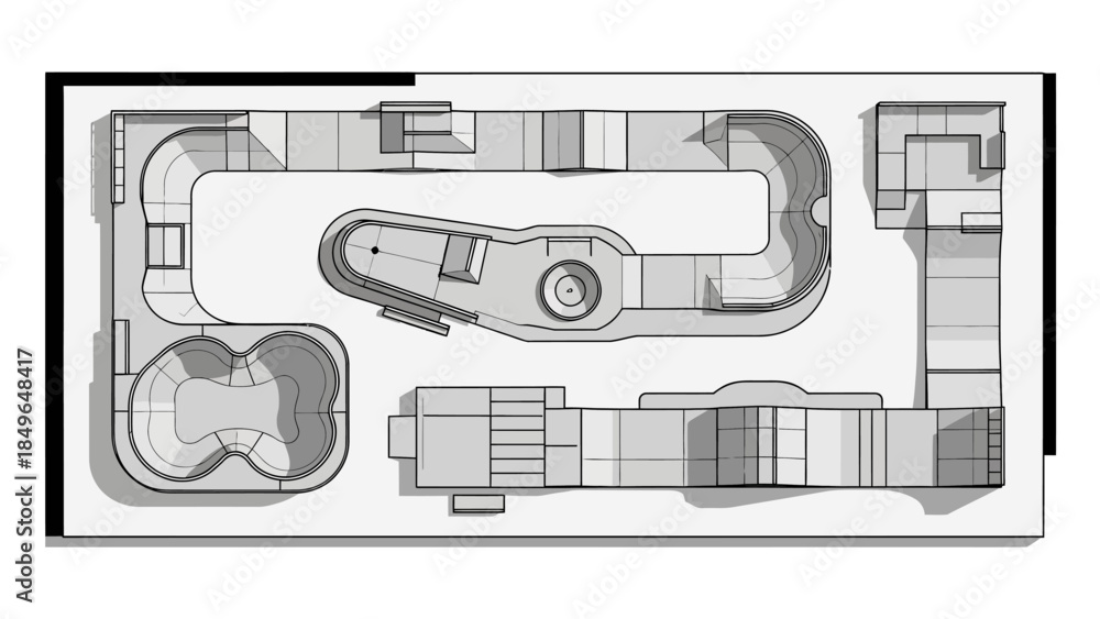 Obraz premium Top-down architectural drawing of a complex skatepark design featuring various ramps, bowls, rails, and obstacles for skateboarding and BMX.