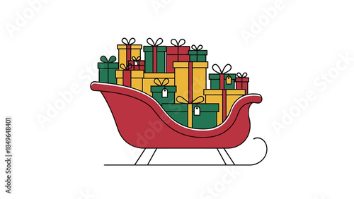 A red sleigh overflowing with colorful gift boxes wrapped in red, green, and yellow, ready for holiday delivery.