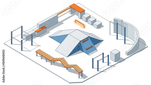 Isometric illustration of a modern outdoor skatepark with various ramps, benches, and obstacles for skateboarding and other extreme sports.