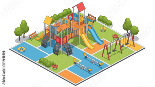 An isometric illustration of a vibrant and colorful modern playground with various play structures, slides, swings, and benches, set against a white background.