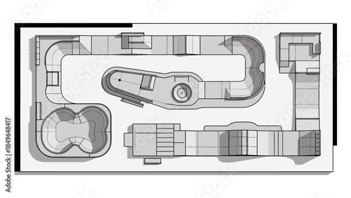 Top-down architectural drawing of a complex skatepark design featuring various ramps, bowls, rails, and obstacles for skateboarding and BMX.
