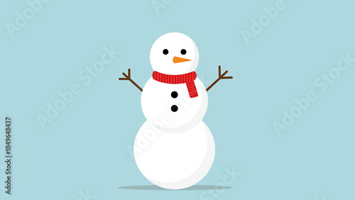 Cute cartoon snowman with a red scarf on a light blue background, simple vector illustration.