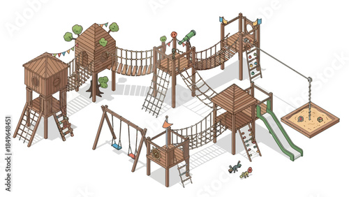 An elaborate wooden playground with multiple towers, rope bridges, swings, and a sandbox, designed for children's recreation.