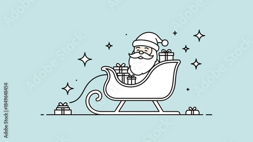 A minimalist line art illustration of Santa Claus in a sleigh with gifts and stars on a light blue background.