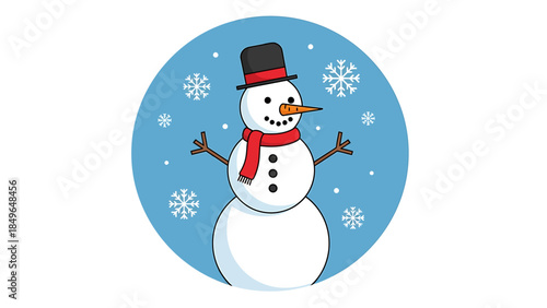 A cheerful cartoon snowman wearing a black top hat and a red scarf, standing in a blue circle with snowflakes.