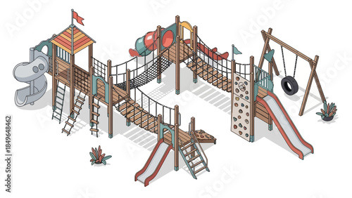 An isometric illustration of a large, multi-level wooden playground with slides, bridges, and swings.