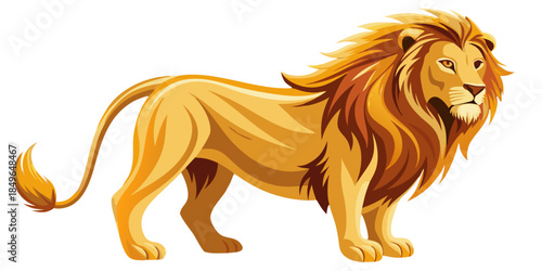Majestic Golden Lion Illustration with Full Mane and Flowing Tail, Symbol of Strength and Royalty
