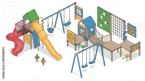An isometric illustration of a colorful and modern playground with various play structures, slides, swings, and climbing elements.