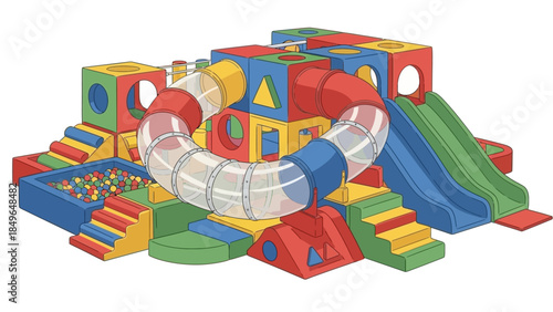 A colorful indoor playground structure with slides, tunnels, and a ball pit for children's entertainment.