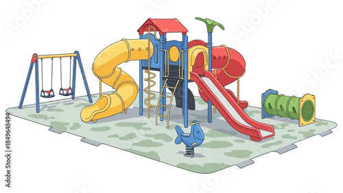 A colorful and elaborate playground with slides, swings, and a tunnel for children's recreation.