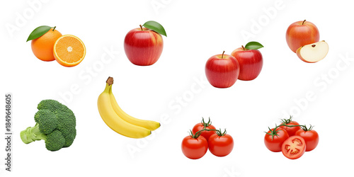 Realistic 3D set of fresh fruits and vegetables: apple, orange, banana, broccoli, tomato isolated on light background.