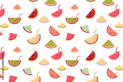 Cute seamless pattern with hand-drawn watermelon slices and refreshing summer drinks on a white background.