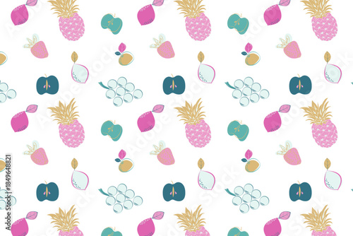 Colorful seamless pattern with stylized pineapples, grapes, strawberries, and citrus fruits on a white background.