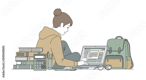 Young person studying diligently with books and laptop.