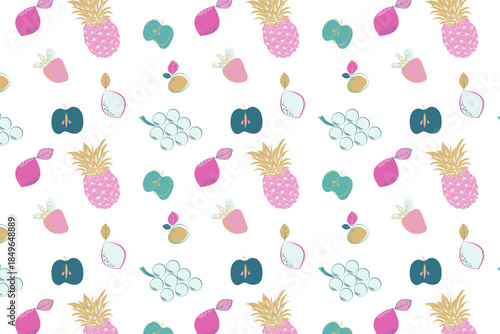 Colorful seamless pattern with stylized pineapples, grapes, strawberries, and citrus fruits on a white background.