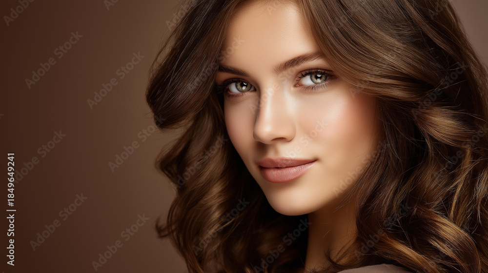 Fototapeta premium Beautiful woman with flawless makeup and stylish hair, professional beauty salon advertising, hairdresser and cosmetic studio services, facial feature enhancement, with copy space