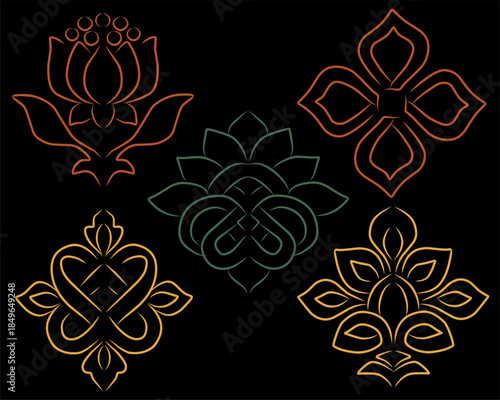 Symbolic Floral Ornaments in Elegant Line Art for Cultural Design