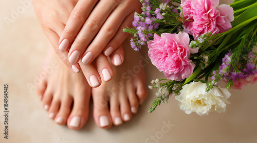 Feet with fresh pedicure and flowers on beige background closeup, professional nail care results, spa treatment outcome, beauty salon service, with copy space