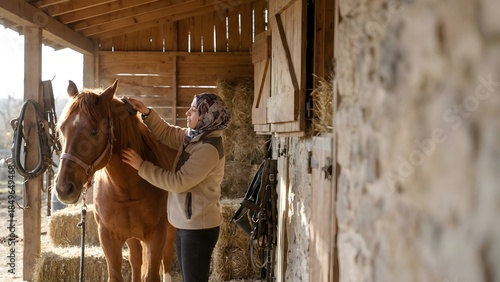 Woman grooming brown horse in stable.