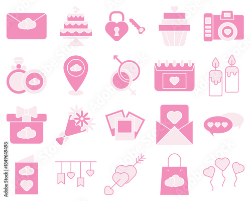 Romantic Pink Icons for Wedding and Valentine. Love and Relationship Symbols Icon Pack