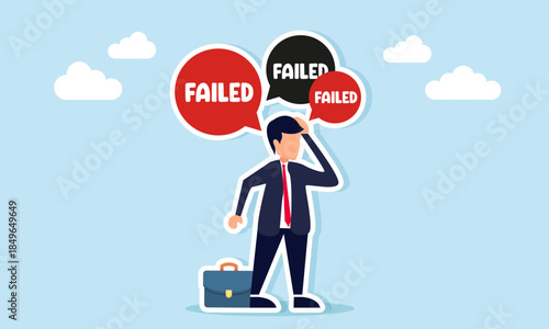 Businessman feeling confused surrounded by failed chat messages illustrating difficulty finding solutions for an unsuccessful business project