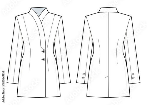 Tailored Long Jacket Technical Fashion Illustration. Structured Fitted Coat with Notched Lapel Collar and Button Closure. Front and Back Views. Women’s Outerwear. CAD Mockup.