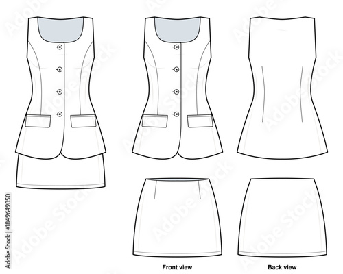 Sleeveless Tailored Vest and Mini Skirt Set Technical Fashion Illustration. Fitted Waistcoat with Button Front and Flap Pockets. Matching Mini Skirt. Front and Back Views. Women’s Wear. CAD Mockup Set