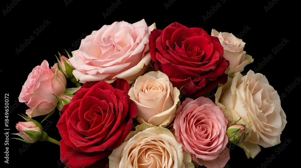 Fototapeta premium A botanical-accurate ultra-realistic arrangement of roses with visible petal fibers and natural curvature, isolated on a seamless dark black background to support educational, scientific, and artistic