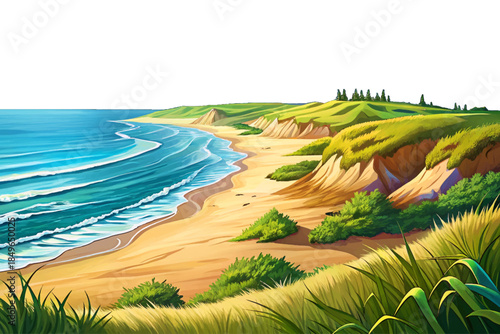 The Outer Banks cartoon beaches offer long barrier islands, rolling dunes, wide sandy shores, and open Atlantic views creating a classic and unspoiled coastal landscape