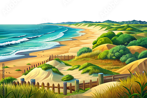 The Outer Banks cartoon beaches offer long barrier islands, rolling dunes, wide sandy shores, and open Atlantic views creating a classic and unspoiled coastal landscape