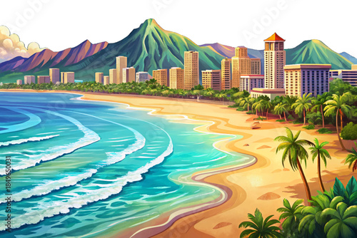 Waikiki Beach cartoon combines soft sand, calm turquoise waters, distant volcanic peaks, and lively coastal scenery forming Hawaii’s most recognized beachfront destination