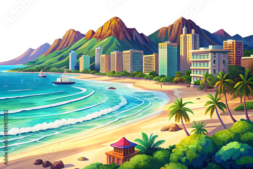 Waikiki Beach cartoon combines soft sand, calm turquoise waters, distant volcanic peaks, and lively coastal scenery forming Hawaii’s most recognized beachfront destination