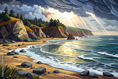 Washington’s coastal beach features rain-soaked sand, powerful ocean waves, heavy clouds, and rugged shoreline scenery forming a moody and atmospheric storm-driven seascape