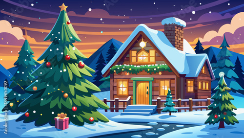 Winter city landscape featuring a decorated Christmas tree beside a wooden house covered in fresh snow, creating a cozy holiday atmosphere with soft lights and a peaceful seasonal mood