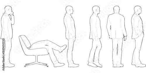 Line art illustration of men in suits and a modern office chair