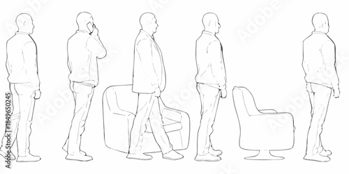 Line art illustrations of men in suits and chairs side profile views