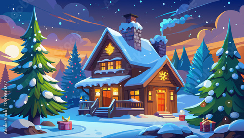 Snow-covered wooden house in a winter city scene with a glowing Christmas tree, capturing a warm and festive holiday setting surrounded by frosty winter beauty