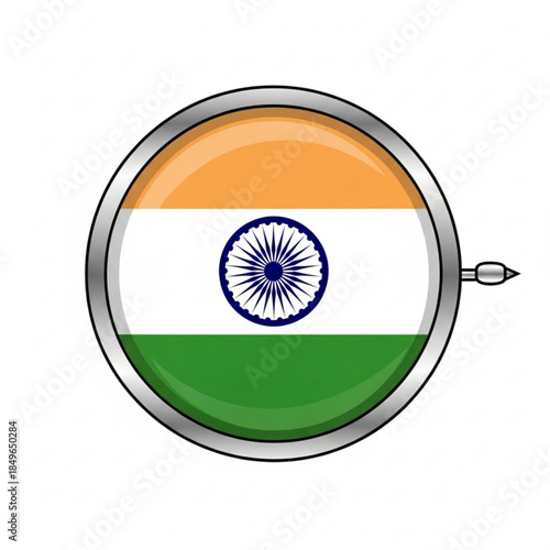 Circular Indian flag emblem with chrome border national symbol for patriotic design isolated on white background