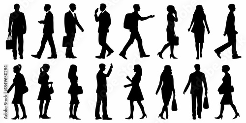 Silhouettes of diverse business people walking in various professional poses