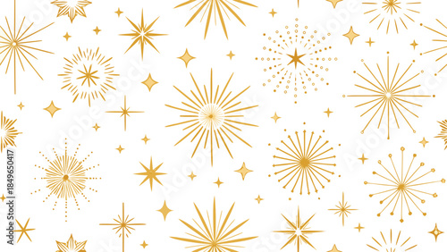Golden fireworks burst against a white background, creating a festive and celebratory atmosphere..eps