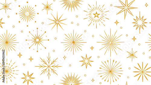 Bright golden fireworks illuminate a white background, evoking a sense of festivity and excitement..eps