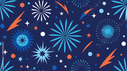 Fireworks illuminate the night sky with vivid colors, contrasting beautifully against a rich blue background..eps